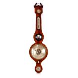 A 19th Century mahogany and inlaid banjo shaped barometer / thermometer, surmounted by scroll arch
