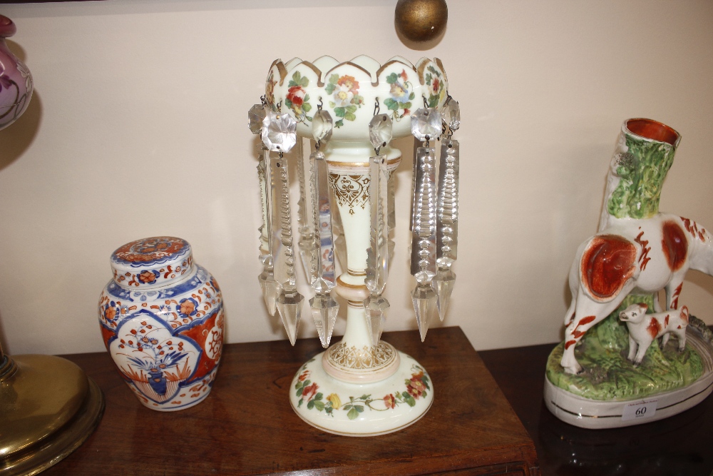 A pair of Victorian pale green opaque glass lustre vases, having painted foliate spray decoration - Image 6 of 11