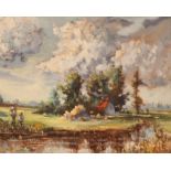 Wilfred C Sutton, study of figures on a river bank, cottage in the far ground, signed oil on