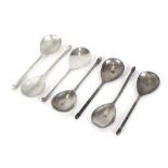 A collection of seven pewter spoons, in the 17th Century style, having pear shaped bowls