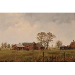 James Wright, study of farm buildings, signed oil on canvas, 35cm x 57cm