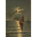 Miguel Filho 1892-1952, sailing vessels in a calm sea by moon light, oil on canvas, signed 64cm x