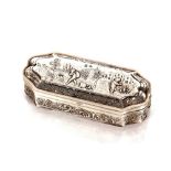 A 19th Century continental silver hinged box, of cartouche shape decorated with cherubs in a