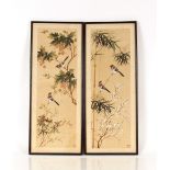 Four Japanese watercolours on silk, studies of birds amongst blossom with signatures, 60cm x 20cm