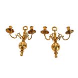A pair of early 20th Century brass twin branch wall lights, in the 18th Century Dutch style, 30cm