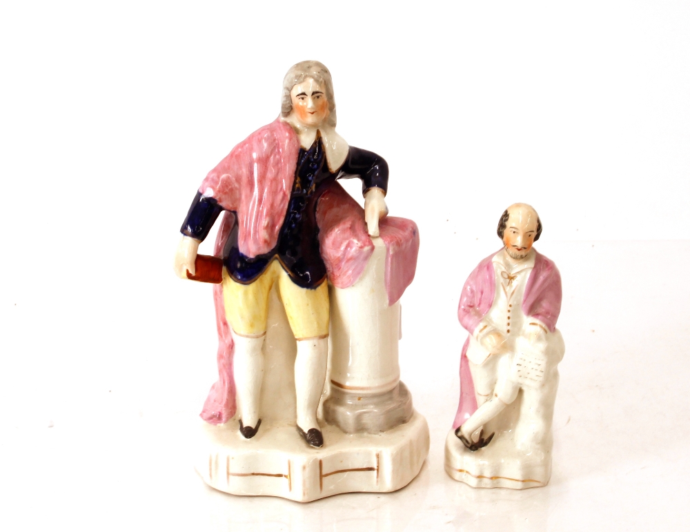 A Victorian Staffordshire figure of Shakespeare, 19cm high; and another of Milton, 20cm high (2)