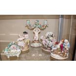 A pair of Meissen porcelain figure groups  AF, 16cm high; a Meissen style figural candelabra