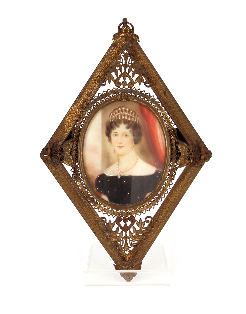 19th Century school, oval portrait study of a young woman wearing tiara in a gilded filigree work