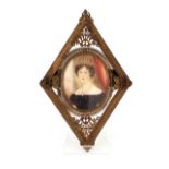 19th Century school, oval portrait study of a young woman wearing tiara in a gilded filigree work