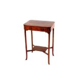 A George III style mahogany and satin wood cross banded side table, fitted with a single dummy
