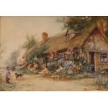 James Hughes Clayton, study of country cottages with figures and animals outside, signed