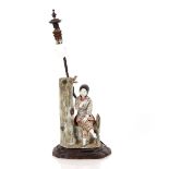 A Japanese porcelain figural table lamp, raised on