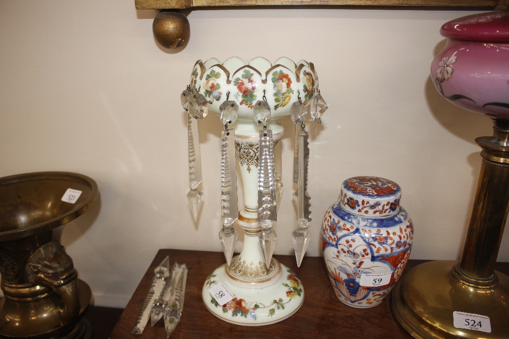 A pair of Victorian pale green opaque glass lustre vases, having painted foliate spray decoration - Image 3 of 11