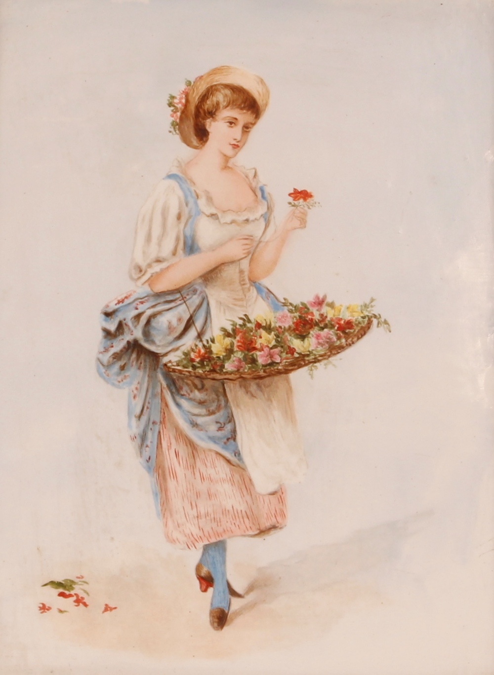Late 19th Century painting, on porcelain panel depicting a flower girl, 22cm x 16cm