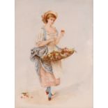 Late 19th Century painting, on porcelain panel depicting a flower girl, 22cm x 16cm