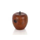 A Georgian style wooden tea caddy, in the form of an apple, the hinged lid with metal stalk and