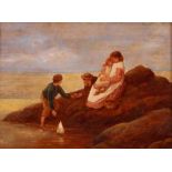 James L W Gozzard 1888-1950, children playing with a toy boat in a rock pool, oil on board signed