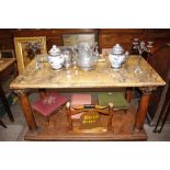 A large 18th Century Italian hall table, surmounted by a Sienna Scagliola marble top, raised on