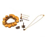 A gold plated farthing bracelet, a Sterling silver ring and similar brooch; a 9ct gold stick pin;