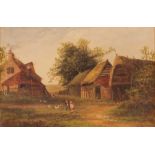 19th Century school, study of figures feeding geese in a farmyard, indistinctly signed oil on