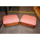 A pair of 19th Century burr walnut footstools, with upholstered tops and raised on brass ball