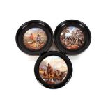 Three Prattware pot lids, "Village Wedding", "The Shrimpers" and "Rabbit Shooting"