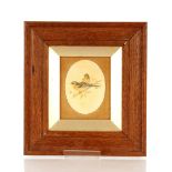 Indistinctly signed miniature oval watercolour study, depicting two birds seated on a branch, 10cm x