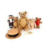 Three various vintage Teddy bears; a modern Steiff Teddy bear; a miniature example with certificate;