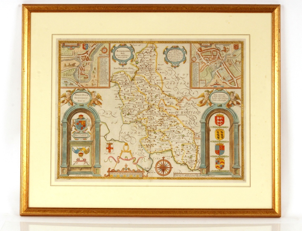 A John Speede map, of Buckingham Shyre and Shire  town described, plate 39cm x 52cm