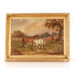 19th Century school, study of work horses resting in a field with attendant workers, unsigned oil on