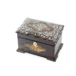 A Victorian papier maché and mother of pearl inlaid two compartment tea caddy, 20cm wide, 12cm high