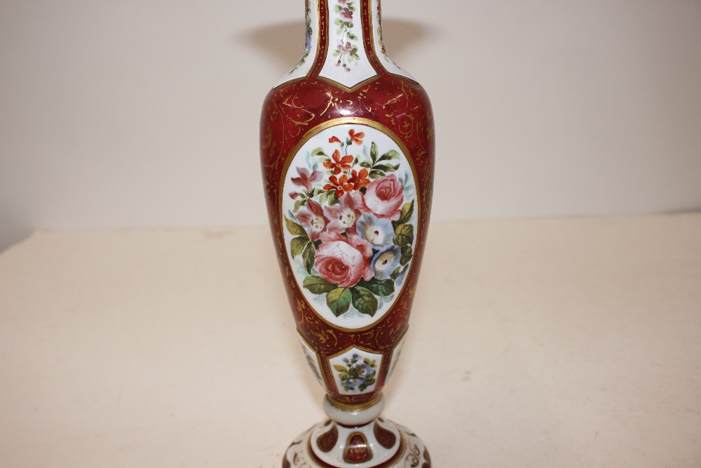 A 19th Century ruby and overlaid glass baluster vase, with profuse floral decoration, 29cm high; a - Image 6 of 12