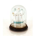 A Latticinio type coloured glass model of a galleon, under glass dome raised on circular ebonised