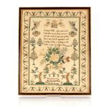 A 19th Century sampler, depicting birds, foliage and religious text by Henrietta Day, October 23rd