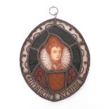 A leaded and stained glass oval panel, depicting a portrait of Elizabeth I, described "Elizabeth