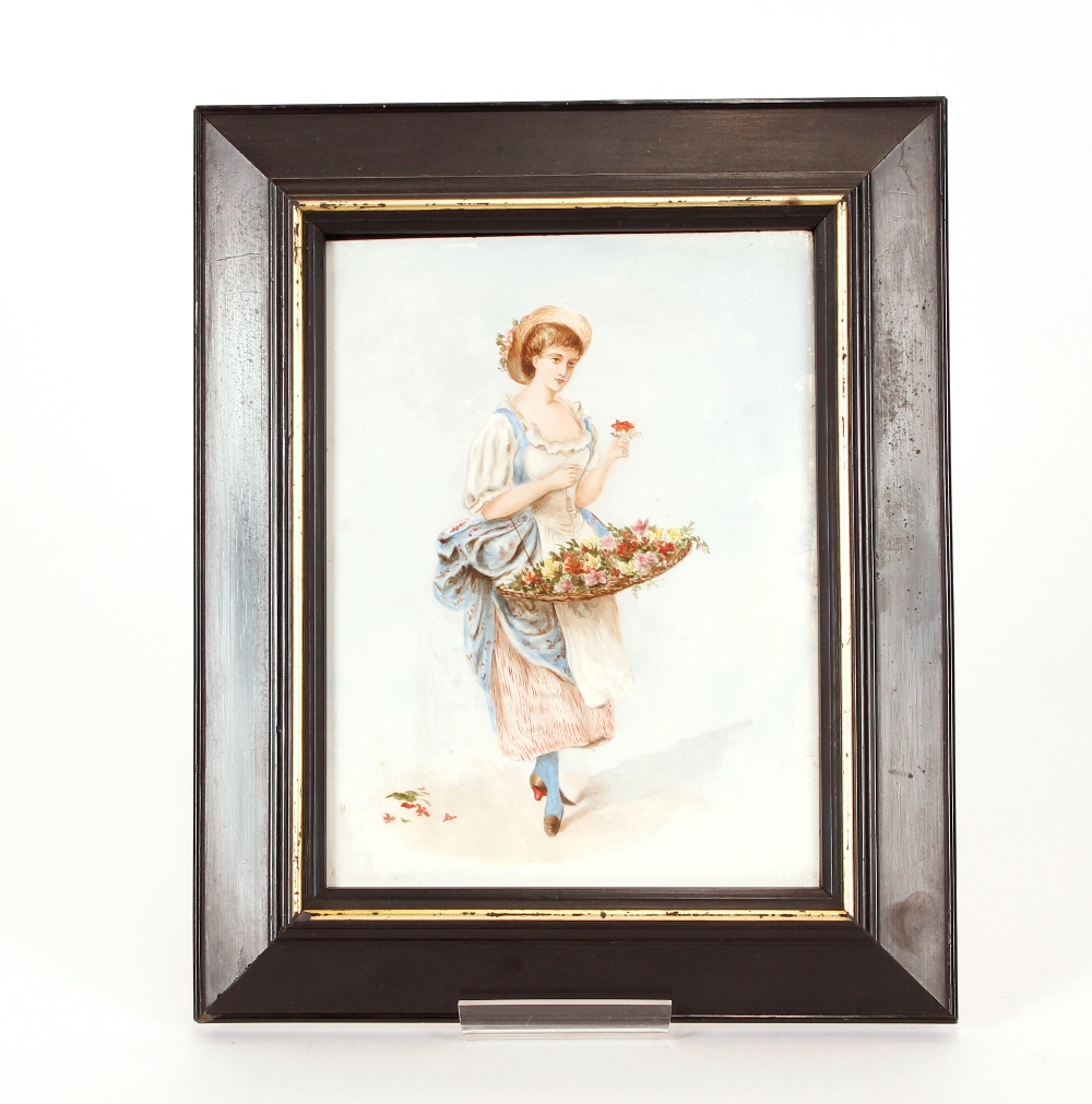 Late 19th Century painting, on porcelain panel depicting a flower girl, 22cm x 16cm - Image 2 of 2