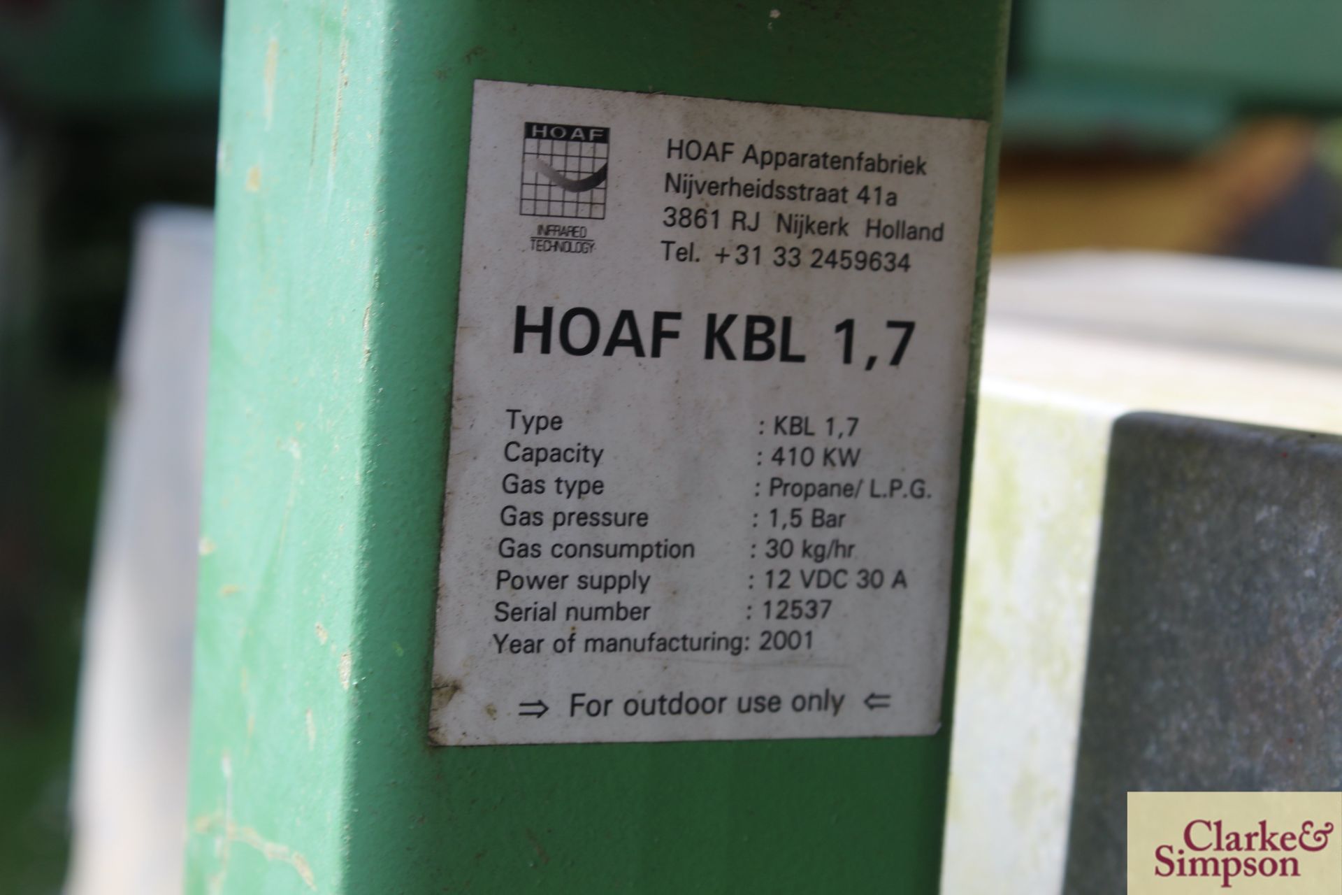 Hoaf KBL1.7 mounted single bed gas burner. 2001. Vendor reports this requires attention. * - Image 8 of 8