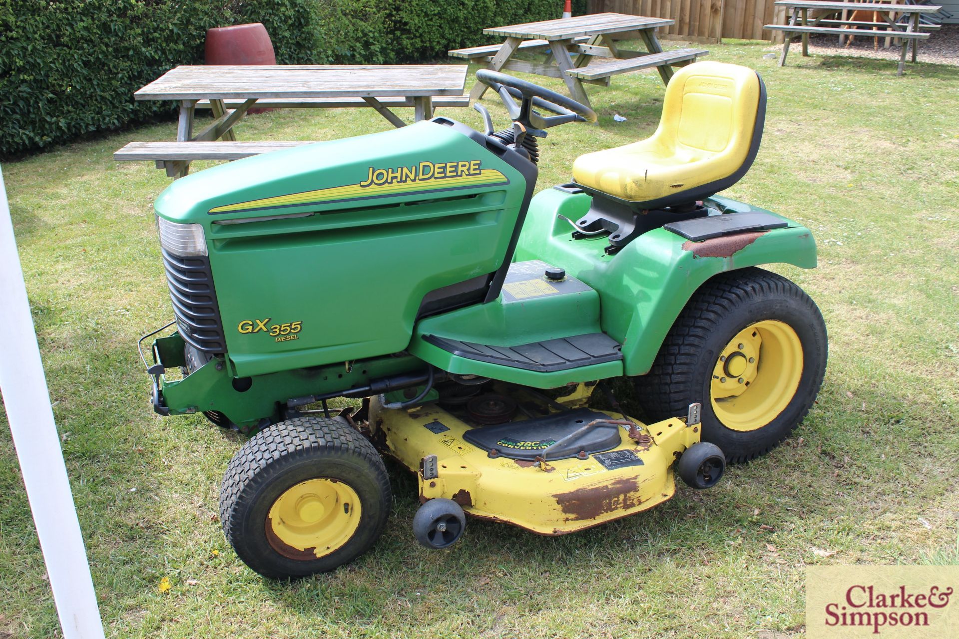 John Deere GX355 diesel ride-on mower.