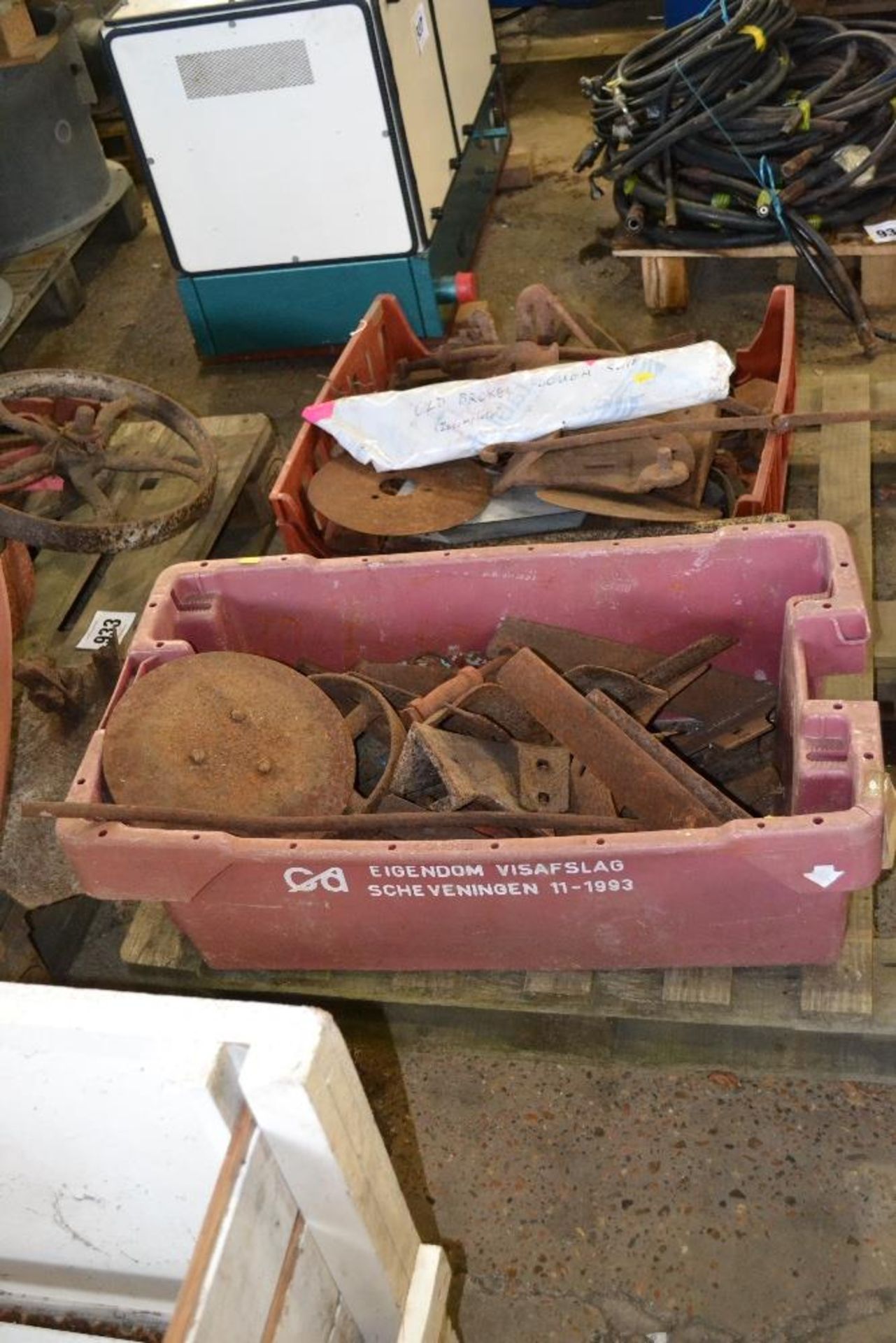 A quantity of spare parts for Ransomes horse ploughs to include points, coulters, horse-drawn
