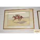 A watercolour study depicting horses racing along