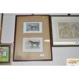 Two black and white prints depicting horses, conta