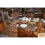 Three various occasional tables and a mahogany serpentine fronted chest fitted two short and two lon