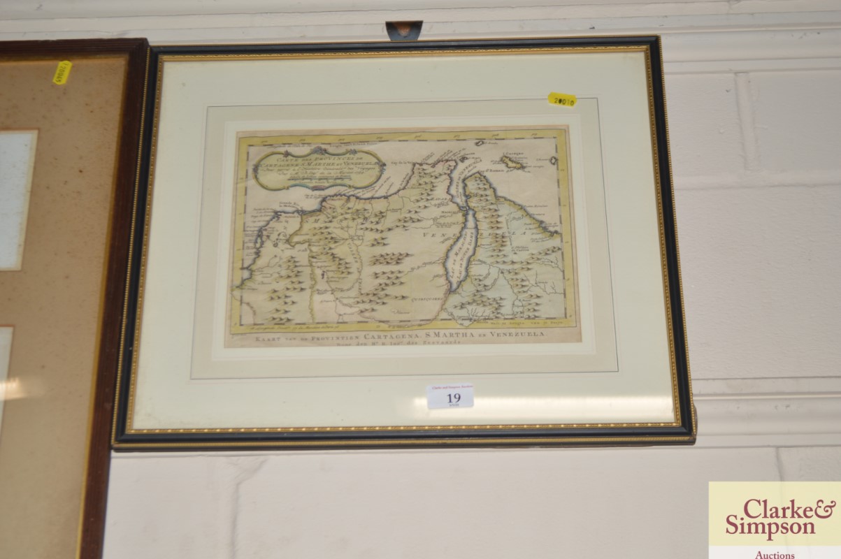 A 1754 coloured framed map of Venezuela