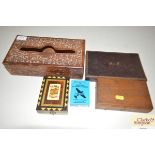 Various carved hardwood boxes; playing cards etc