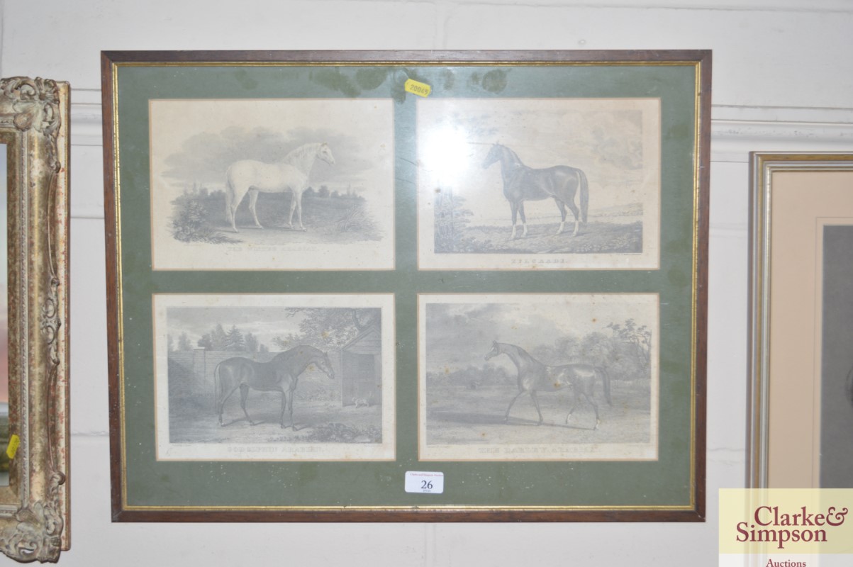 Four black and white prints depicting horses house