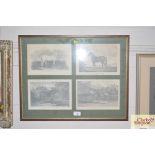 Four black and white prints depicting horses house