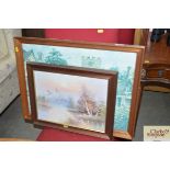 A pine framed print together with an oil on canvas