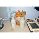 A Rumtopf jar and cover; hot water bottles; an ori