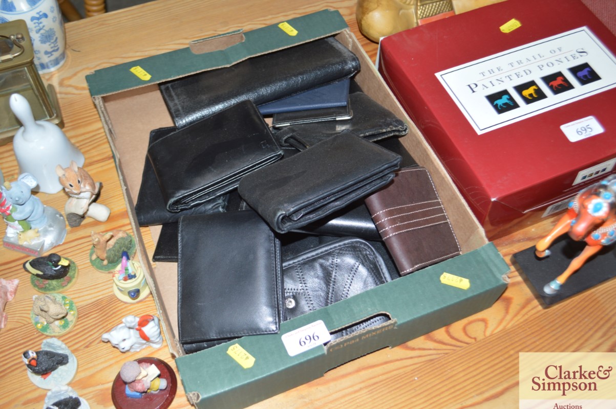 A box containing various wallets and purses