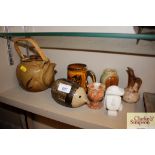 A Chinese Studio pottery style teapot, tankard, hardstone vase, m